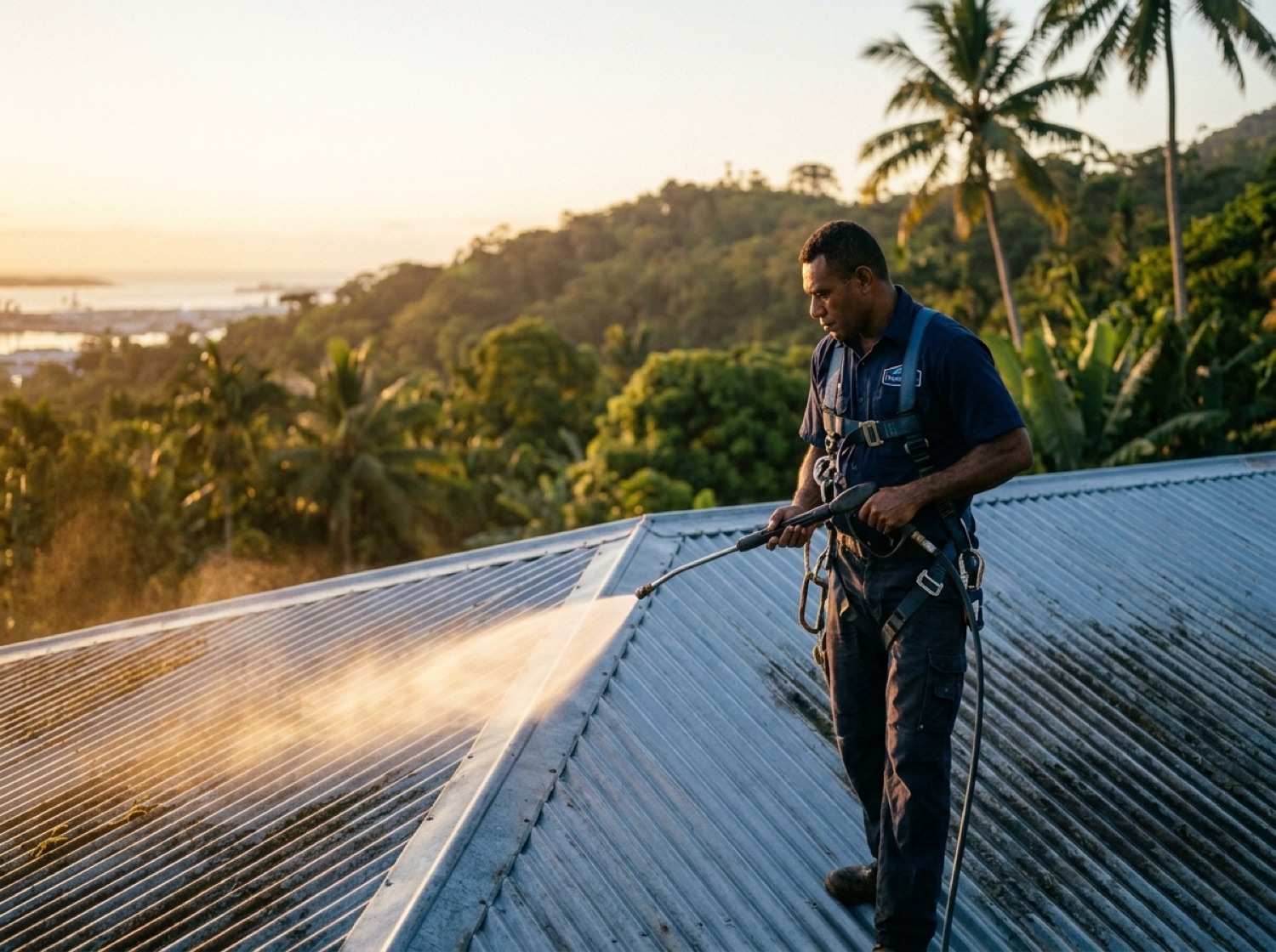 Brightside technician soft-washing a corrugated roof at first light above Suva harbour