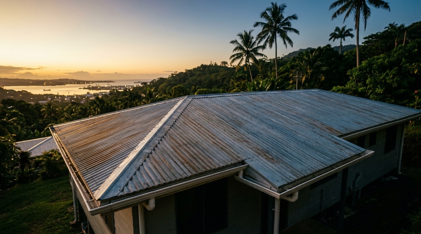 A freshly washed roofline at dusk above Suva harbour