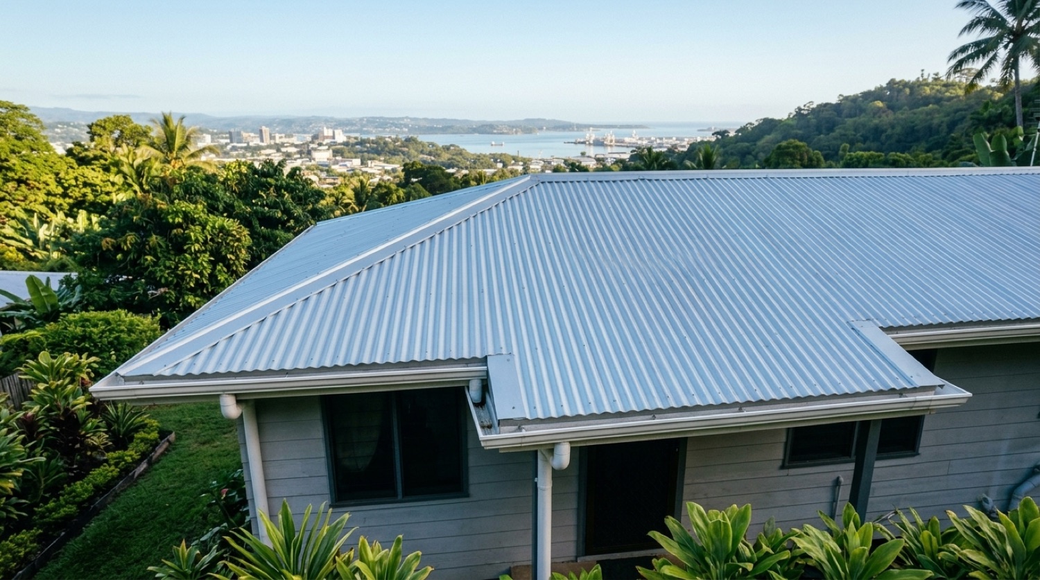 A finished soft-washed roof in the Suva hills, clean silver sheets edge to edge