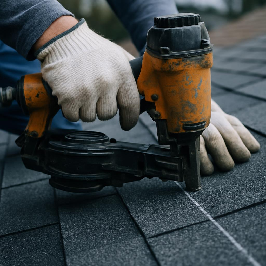 Ironcrest roofer hand-fastening a charcoal architectural shingle
